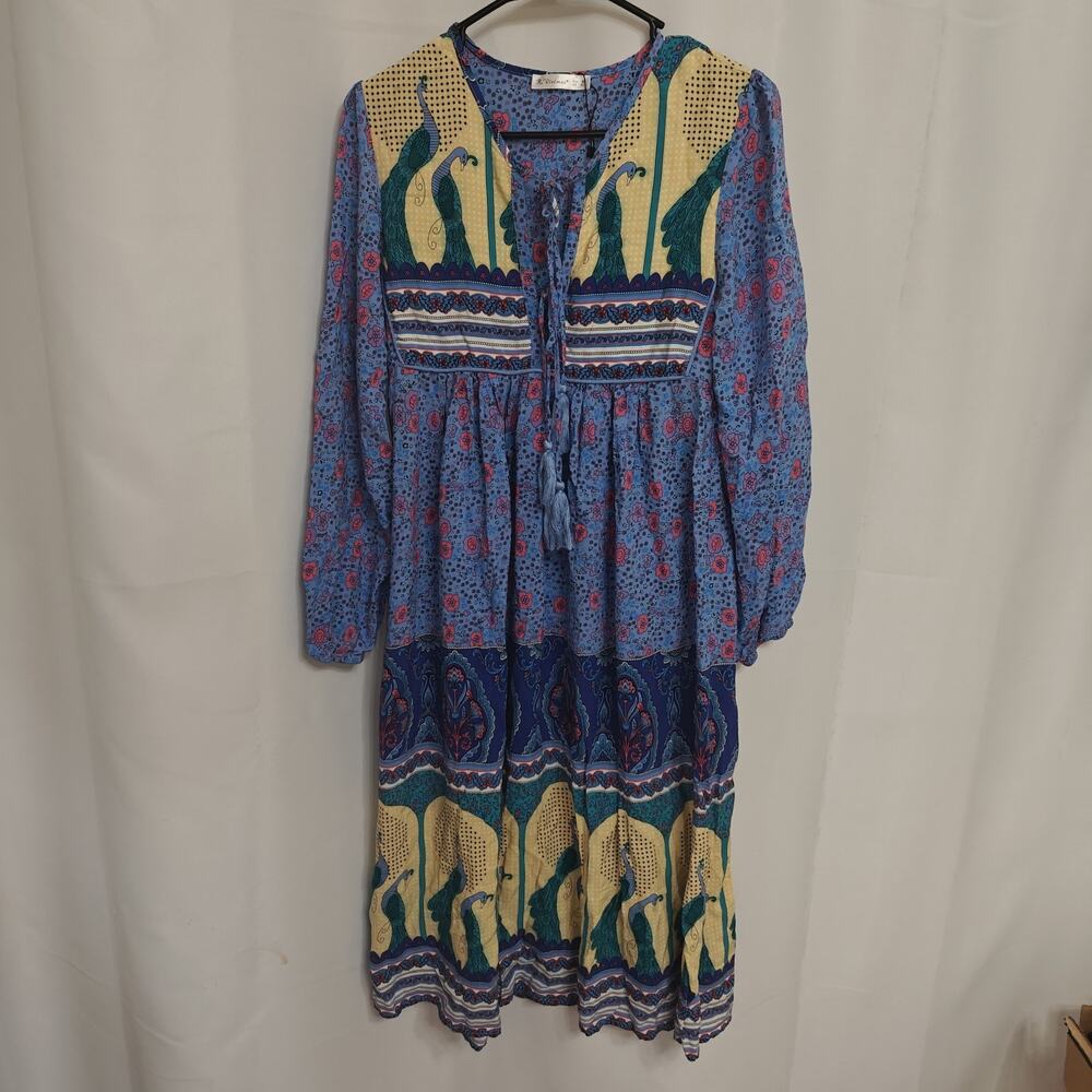 Vivimos XS Blue Peacock Boho Hippie Folk Eclectic print tassle tie midi dress